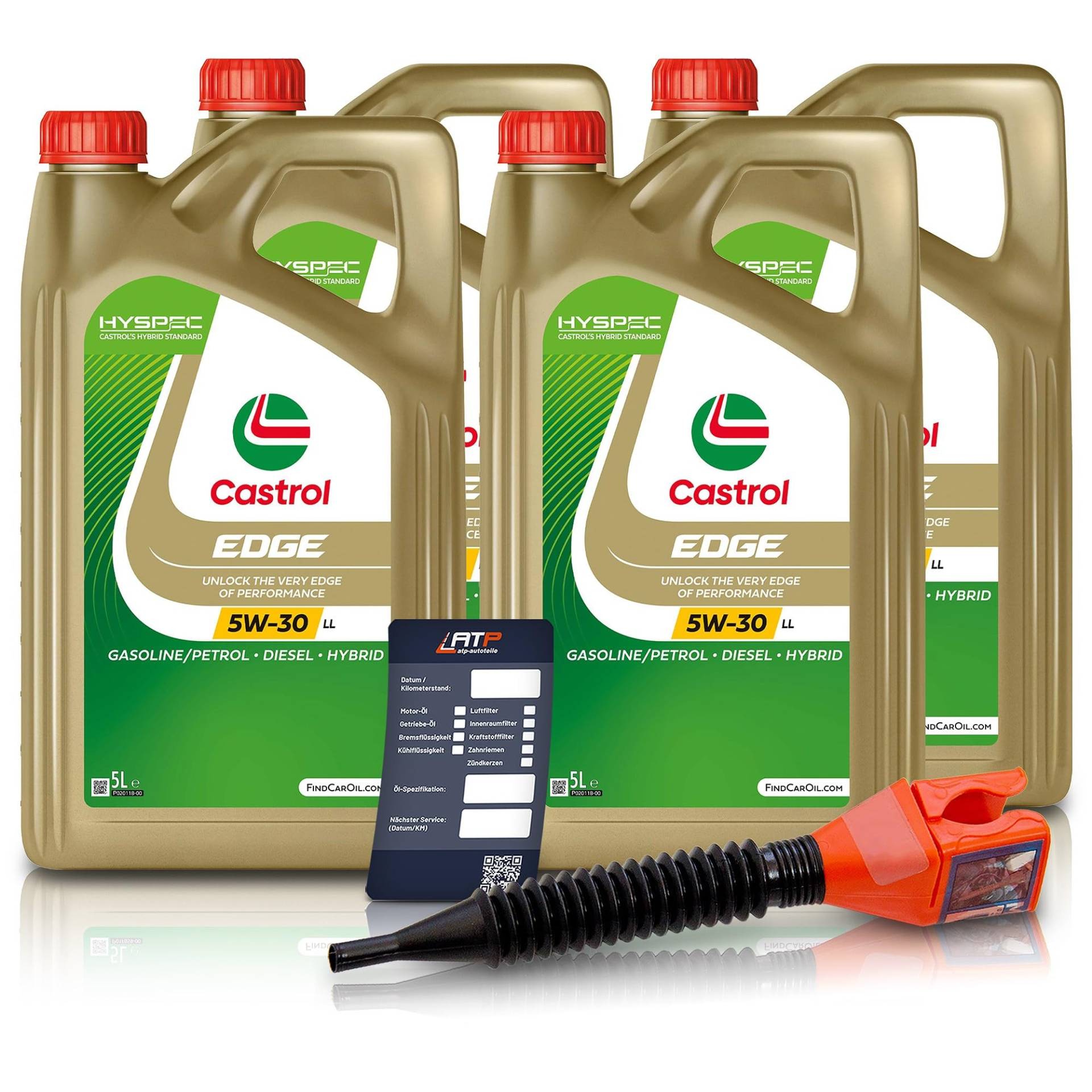 4x 5 L = 20 Liter Castrol Edge Fluid Titanium 5W-30 LL Motoröl inkl. Castrol Ölwechselanhänger und Einfülltrichter von Castrol