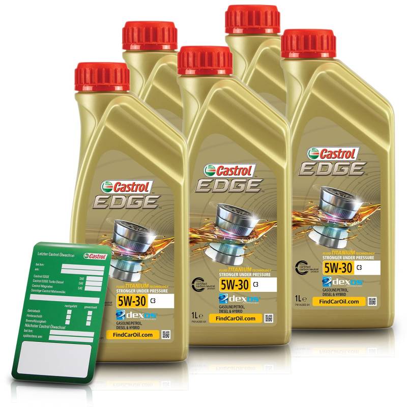 5x 1 L LITER CASTROL EDGE FLUID TITANIUM 5W-30 C3 Motoröl inkl. Castrol Ölwechselanhänger von Castrol