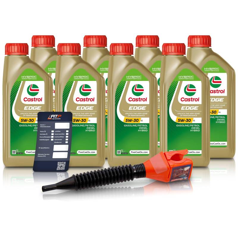 8x 1 L Liter Castrol Edge Fluid Titanium 5W-30 LL Motoröl inkl. Castrol Ölwechselanhänger und Einfülltrichter von Castrol