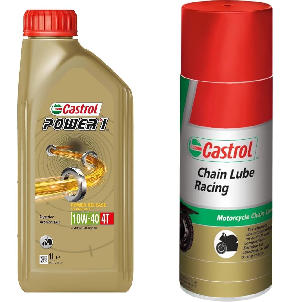 Castrol Bundle | Castrol POWER1 4T 10W-40 Motoröl, 1L + Castrol Chain Lube Racing Hochleistungskettenspray, 400 ML von Castrol