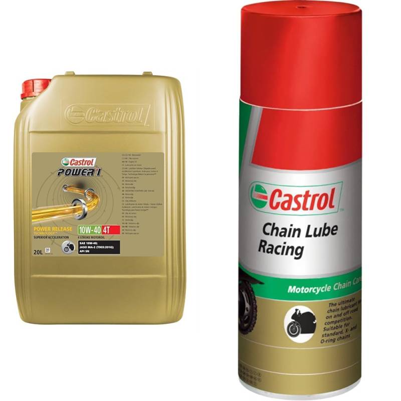 Castrol Bundle | Castrol POWER1 4T 10W-40 4-Takt Motoröl, 20L + Castrol Chain Lube Racing Hochleistungskettenspray, 400 ML von Castrol