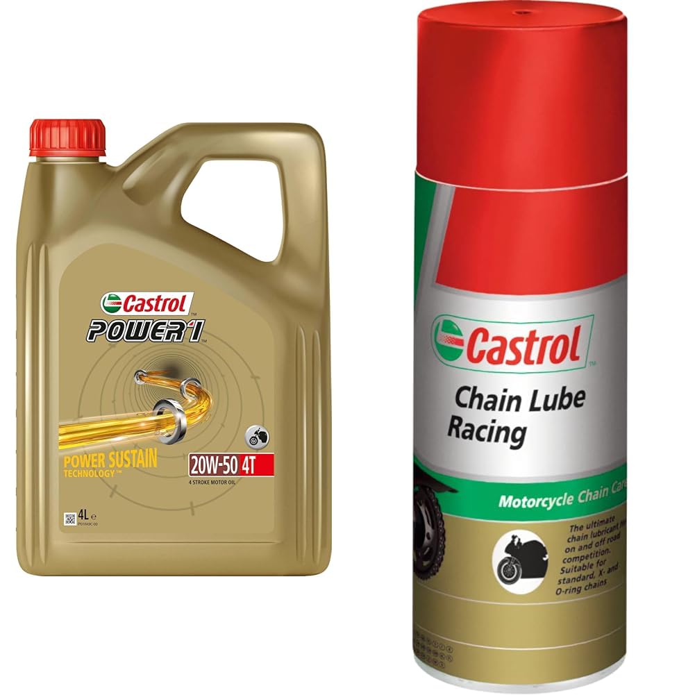 Castrol Bundle | Castrol POWER1 4T 20W-50 4-Takt Motoröl, 4L + Castrol Chain Lube Racing Hochleistungskettenspray, 400 ML von Castrol