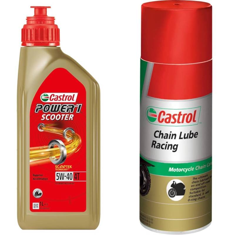 Castrol Bundle | Castrol POWER1 SCOOTER 4T 5W-40 4-Takt Motoröl, 1L + Castrol Chain Lube Racing Hochleistungskettenspray, 400 ML von Castrol