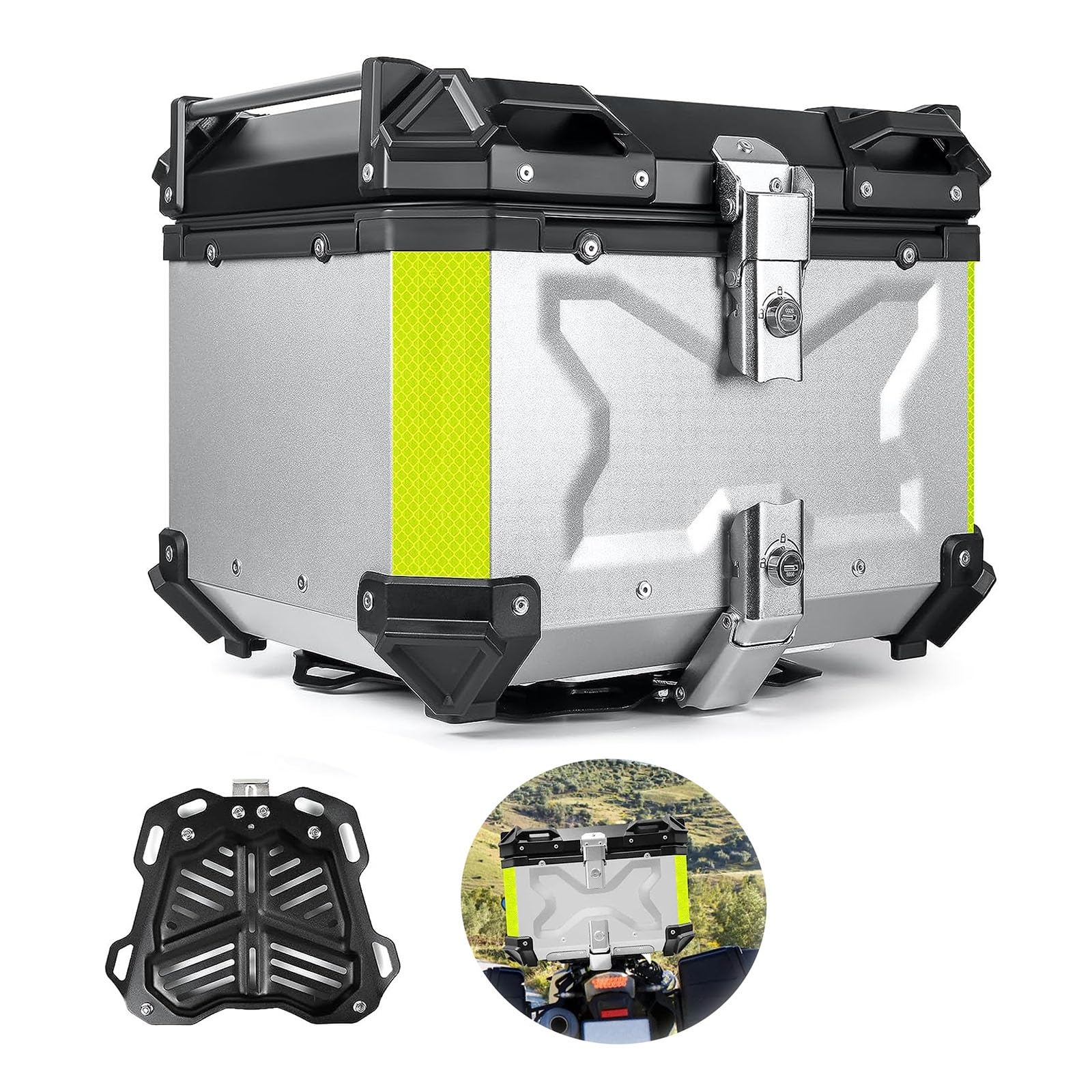 Motorrad Topcase Alu Reisen Motorradkoffer Helmkoffer Wasserdicht Top Case Gepäckträger Koffer 45L 55L 65L 80L 100L Heckkasten Aufbewahrungsbox Für Roller, Mofa, Quad, Mit Platte (Color : Silber, SI von CcacHe