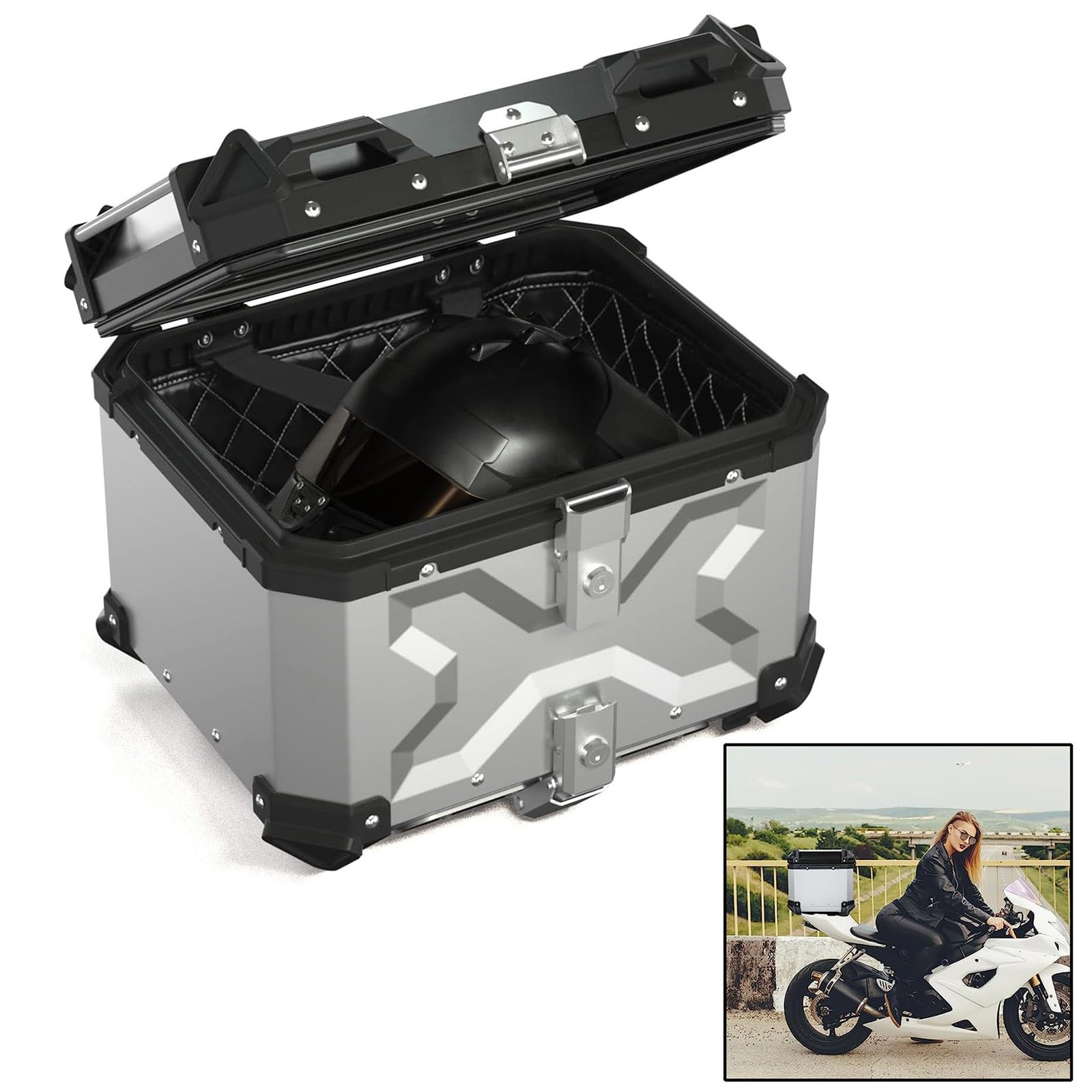 Motorradkoffer Wasserdicht Top Case Box Motorrad 45L 55L 65L 80L 100L Universal Rollerkoffer Helmkoffer Alu Topcase Roller Koffer Heckbox Mit Sicherheitsschloss,Für Scooter,Mofa,Quad (Color : Silber von CcacHe