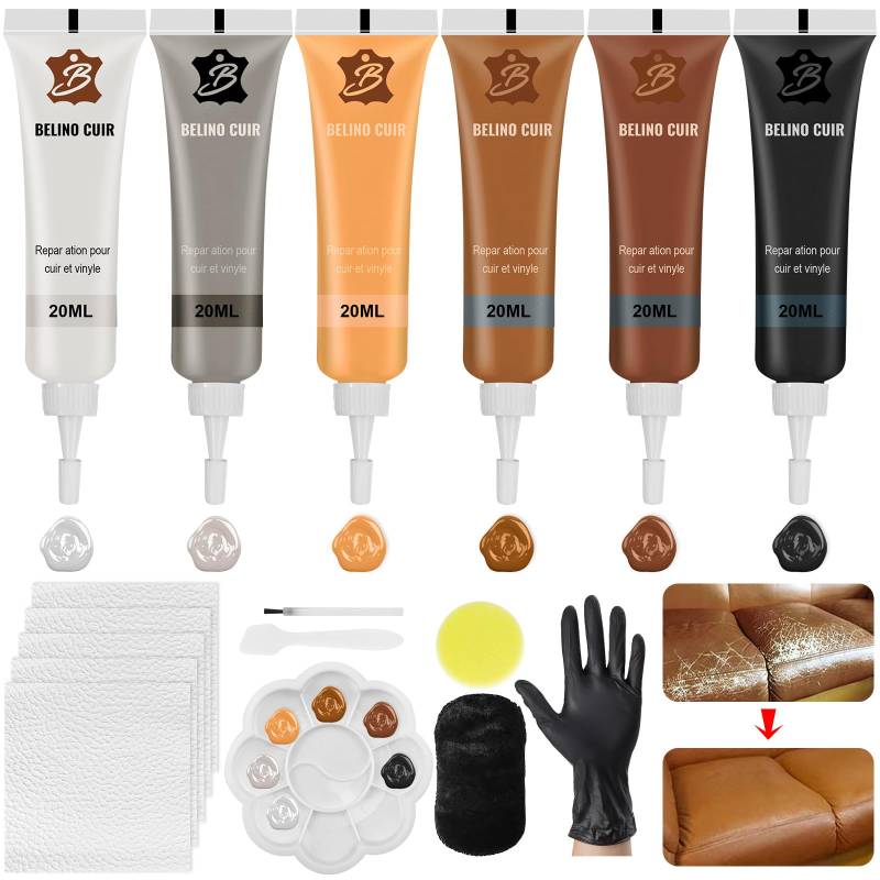 Celepoir 6 Farben Lederreparatur Creme Set, Kunstleder Reparaturset mit Schwamm & Poliertuch, Mischbare Leder Reparatur, Flüssigleder Reparatur Set für Risse Löcher in Leder Reparieren, Autositz von Celepoir