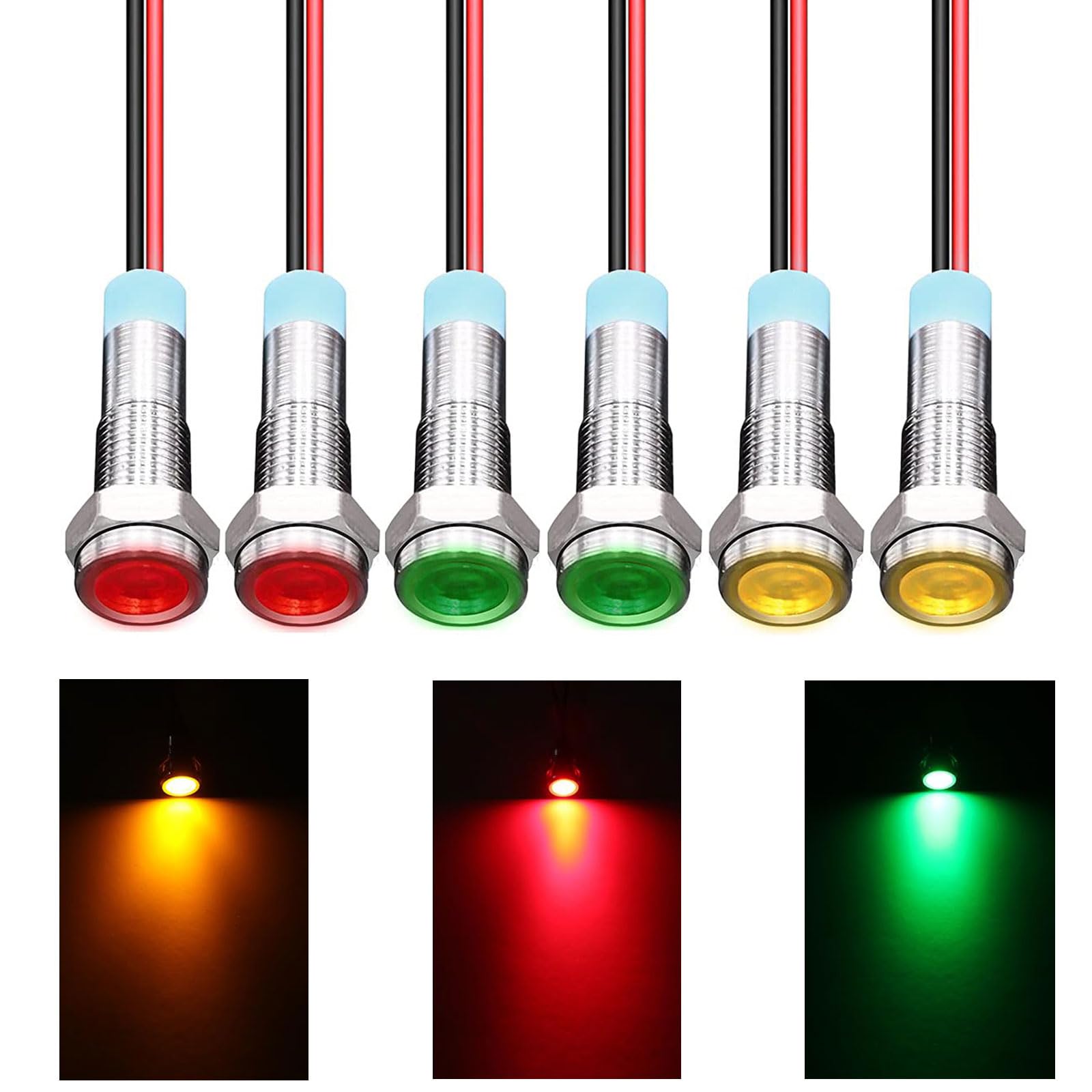 LED Metall Kontrollleuchte, LED Metall Anzeigelampe, 6mm LED Kontrollleuchte, 6 Stück Metall Kontrollleuchte mit Draht, Wasserdichte Signallampe, 110V-220V (Rot Gelb Grün je 2 Stück) von Cerioll