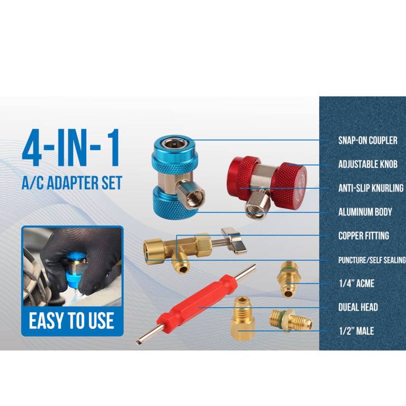 Cerlyiont AC R134A -Adapter Schnellkoppler, Wechselstrom -Adapter -Werkzeugkit, einschließlich Tankhahn, Schnellkoppler, Ventilkernentferner, Tankanschluss für die Installation von von Cerlyiont