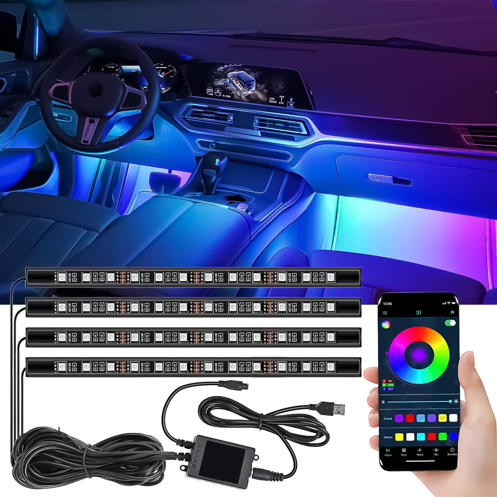 LED Innenbeleuchtung Auto, 4 Stück 48 LEDs Led Atmosphäre Licht, 5V RGB Ambientebeleuchtung Auto, USB-Port Lichtleiste mit APP-Steuerung, Mehrfarbig Musik Innenraumbeleuchtung für Auto von ChaneeHann