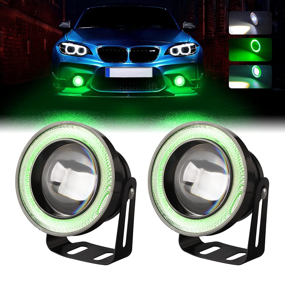 Chemini 2 Stück 2,5 Zoll LED-Nebelscheinwerfer 10 W 12 V Angel Eyes Grün Universal für Tagfahrlicht Auto DRL LED-Scheinwerfer Motorrad 6000 K Weiß von Chemini