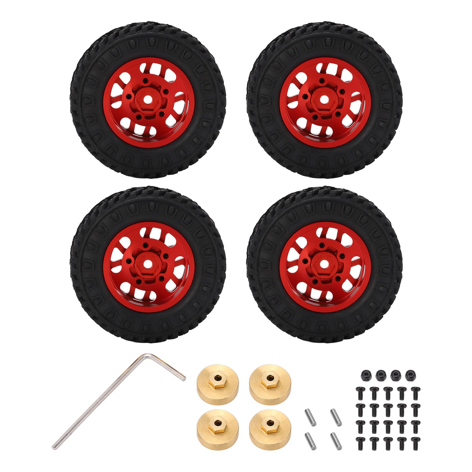 ChengyuWei 4 Stück 55 mm Gummi-RC-Autoreifen, Felgen, Felgen, Gummireifen-Set, Metallfelgen, Naben, Gummireifen für AXIAL SCX24 1/24 RC-Autoteile, Messing-Gegengewichtskupplung (Rot) von ChengyuWei