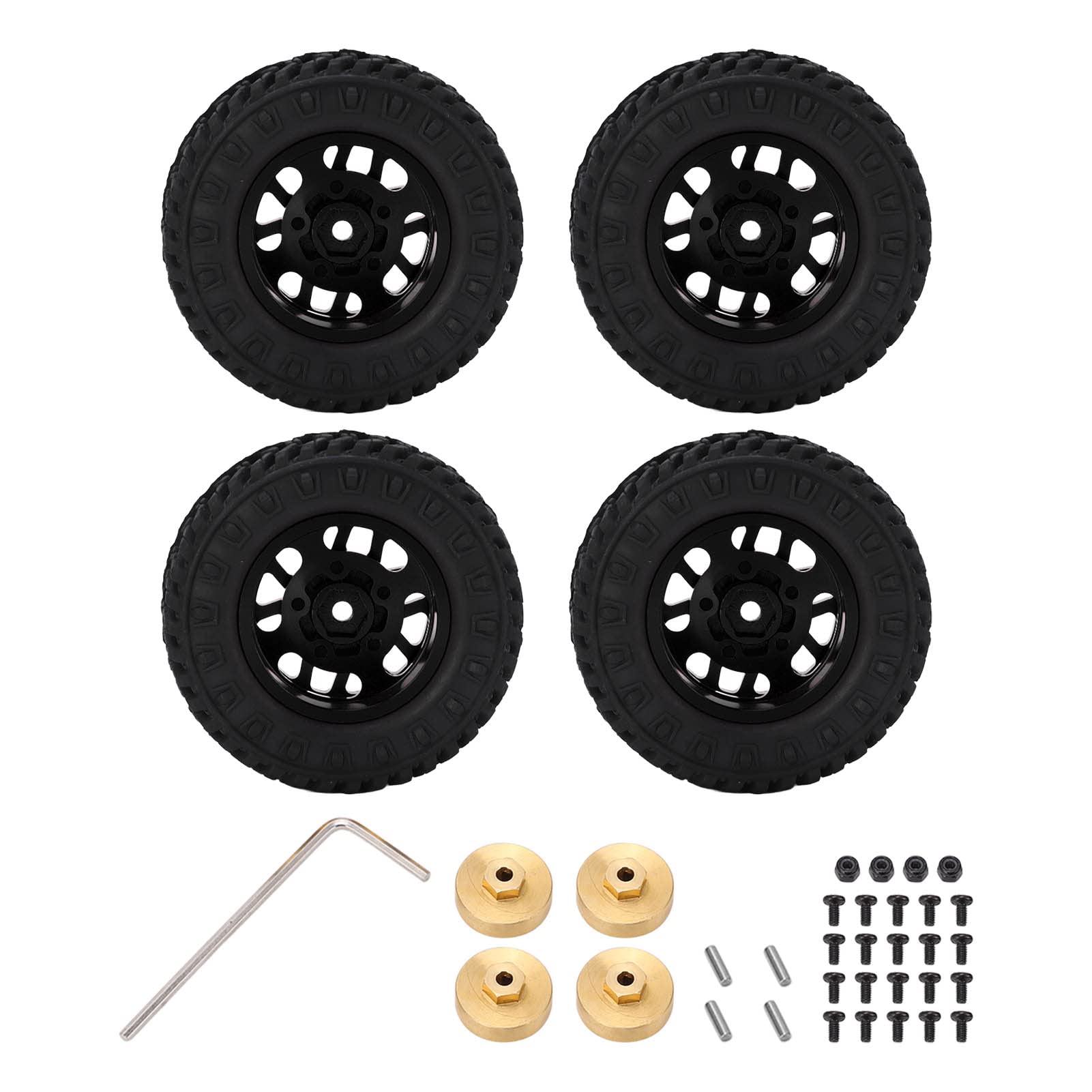 ChengyuWei 4 Stück 55 mm Gummi-RC-Autoreifen, Felgen, Felgen, Gummireifen-Set, Metallfelgen, Naben, Gummireifen für AXIAL SCX24 1/24 RC-Autoteile, Messing-Gegengewichtskupplung (Schwarz) von ChengyuWei