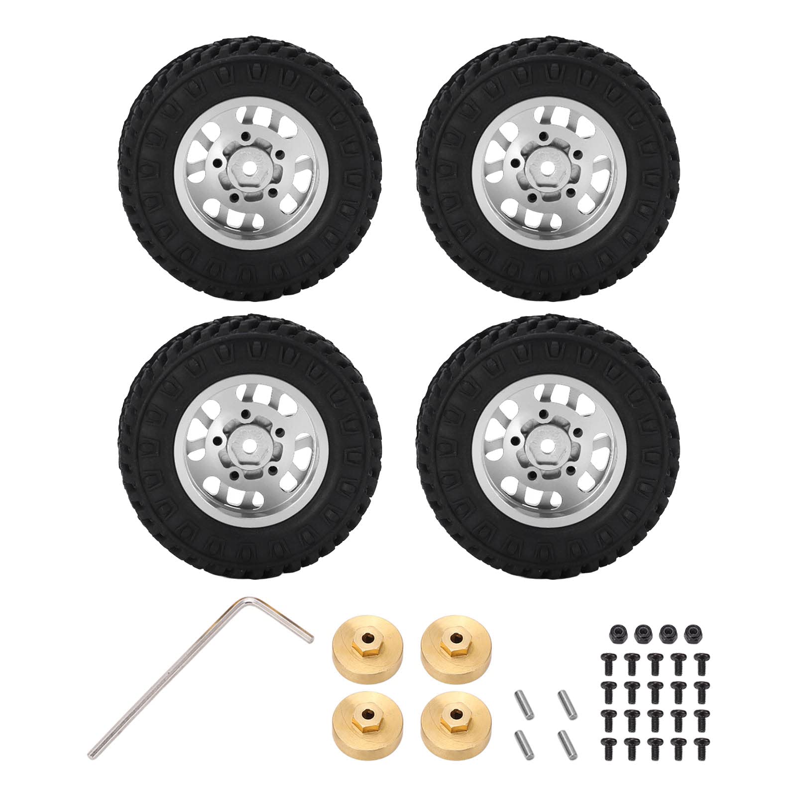 ChengyuWei 4 Stück 55 mm Gummi-RC-Autoreifen, Felgen, Felgen, Gummireifen-Set, Metallfelgen, Naben, Gummireifen für AXIAL SCX24 1/24 RC-Autoteile, Messing-Gegengewichtskupplung (Silber) von ChengyuWei