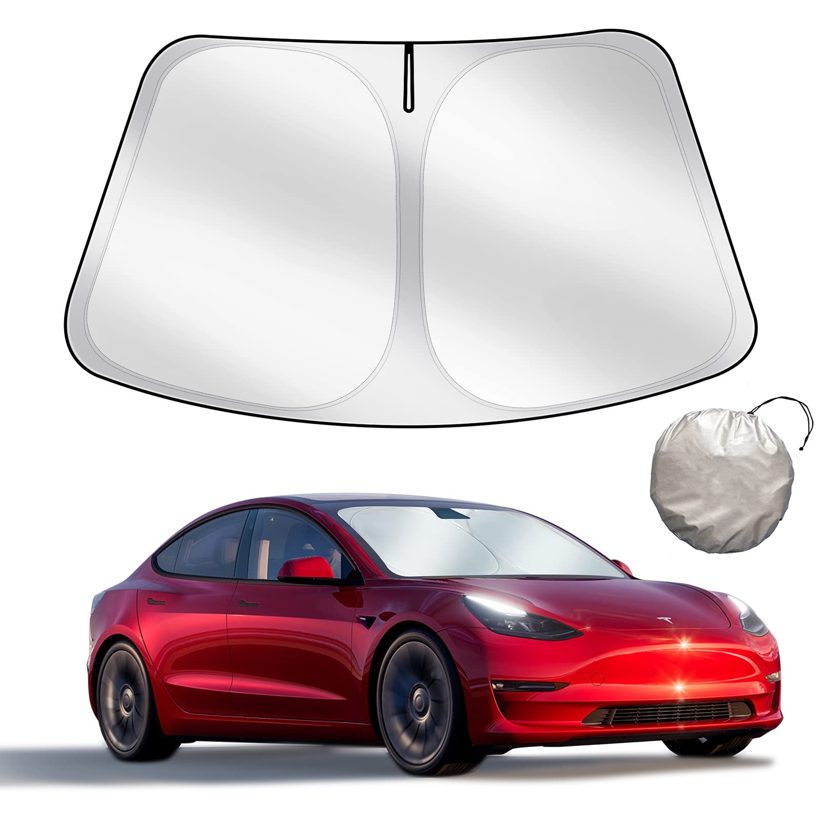 Sonnenschutz exklusiv für Tesla Model 3 / Y, Frontscheibe, Doppellagiges lichtundurchlässiges Gewebe, Faltbarer Sonnenschutz mit Aufbewahrungstasche, Chirano Zubehör für Tesla Model 3 Y 2024-Upgrade von Chirano