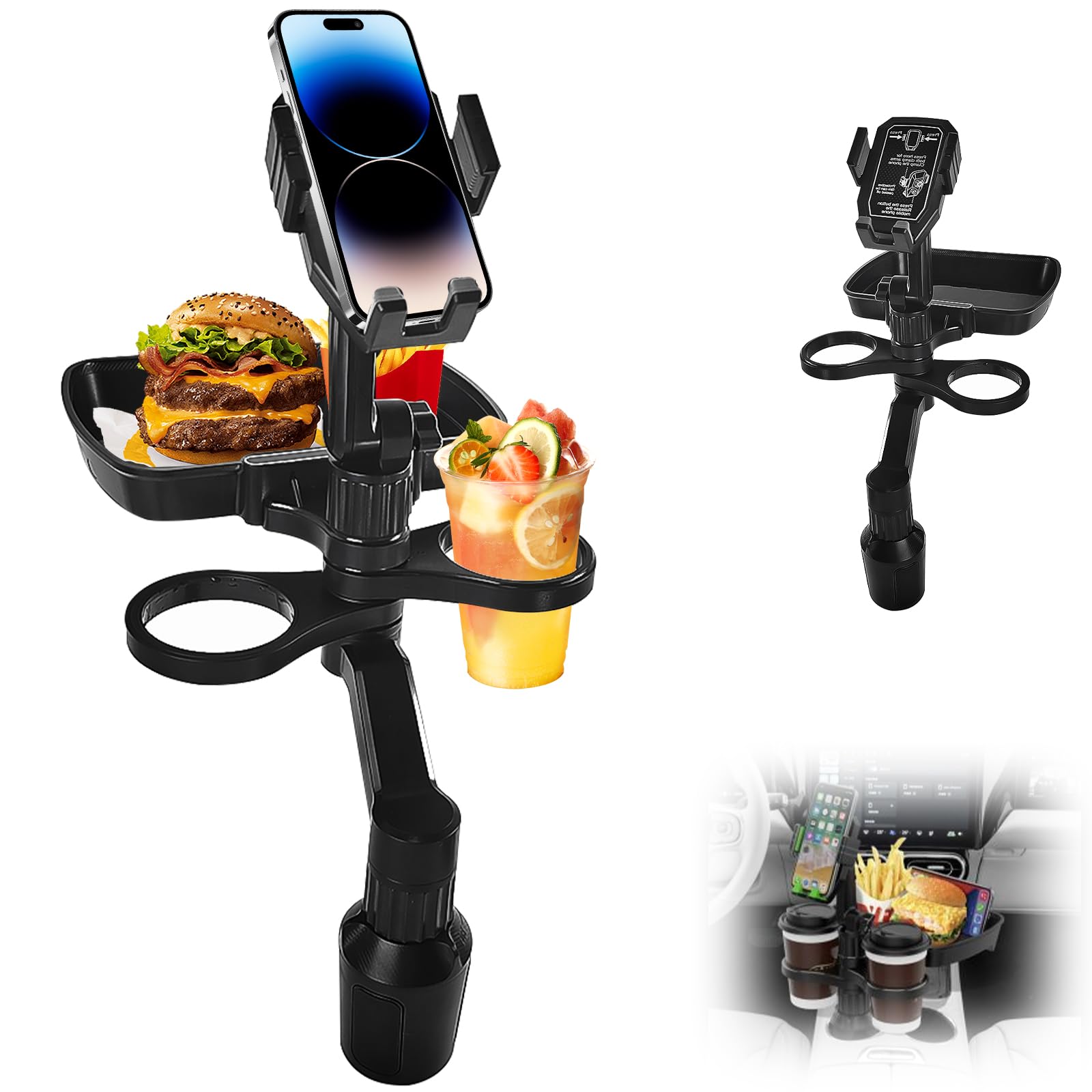 Auto Tisch, 3 in 1 Getränkehalter Tisch mit Handyhalter Getränkehalter und Tablett, 360° Verstellbares Autotisch, Car Accessories, für Frites, Burger, Wasserflaschen Speichern von Choonjin