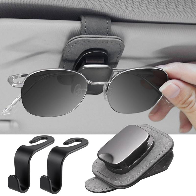 Sonnenbrillenhalter Auto, Leder Brillenhalter für Auto Sonnenblende, Grau Brillenhalterung Auto, Brillenclip Sonnenblende, Sonnenbrille Halterung Auto, Universal Auto Visier Zubehör, mit 2 Auto Haken von Chuainxin