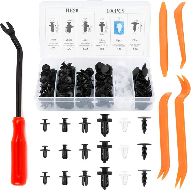 Auto Befestigung Clips, Car Body Trim Clips Universal Befestigungclips 4x Lösewerkzeug Zierleistenkeile 1x Hebelwerkzeug Auto Push-Clips Autotür Karte Panel Stoßstange Halter Push Niet Kit Universal von Chudian