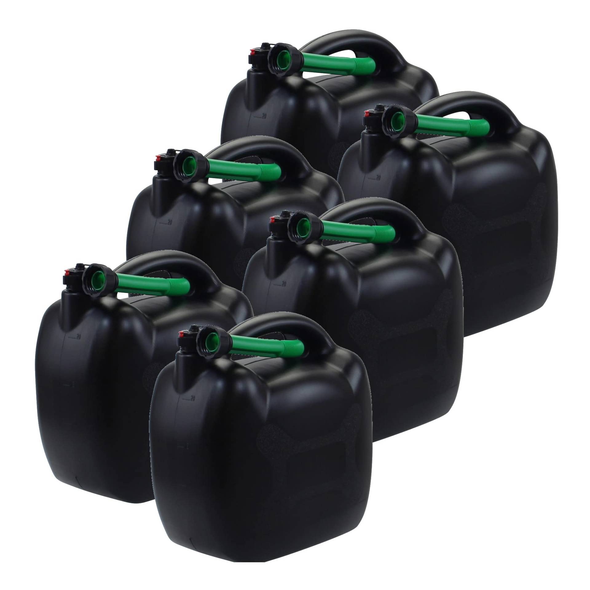 6x Benzinkanister 20L schwarz Kunststoff mit Einfüllschlauch grün, UN-Zulassung von Citomerx