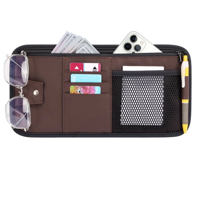 Classycoo Sonnenbrille Halterung Auto, Sonnenblende Organizer - Autozubehör Innenraum, Auto Reise Zubehör Halterung, Sonnenbrillenhalter Karte Stift Rechnung (Braun) von Classycoo