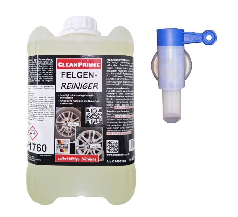 CleanPrince 5 Liter Felgenreiniger | mit Auslaufhahn | gebrauchsfertig Alufelge Bremsstaub Reinigungsmittel von CleanPrince