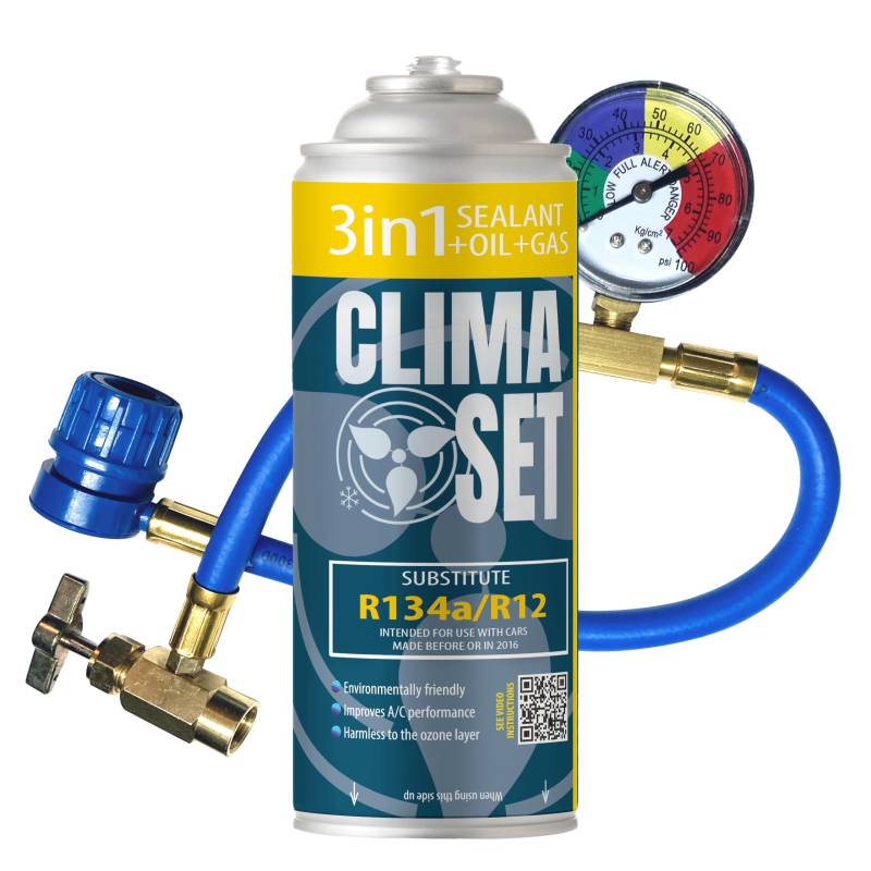 ClimaSet 3in1 R134a Kältemittel Ersatzgas - Kühlmittel Klima Auto mit Klima Dichtmittel und Öl - Gasflasche 1x170 g Auto Klimaanlage Nachfüllset - Klimaanlage Wohnmobil Klimaanlage Schlauch von Clima Set