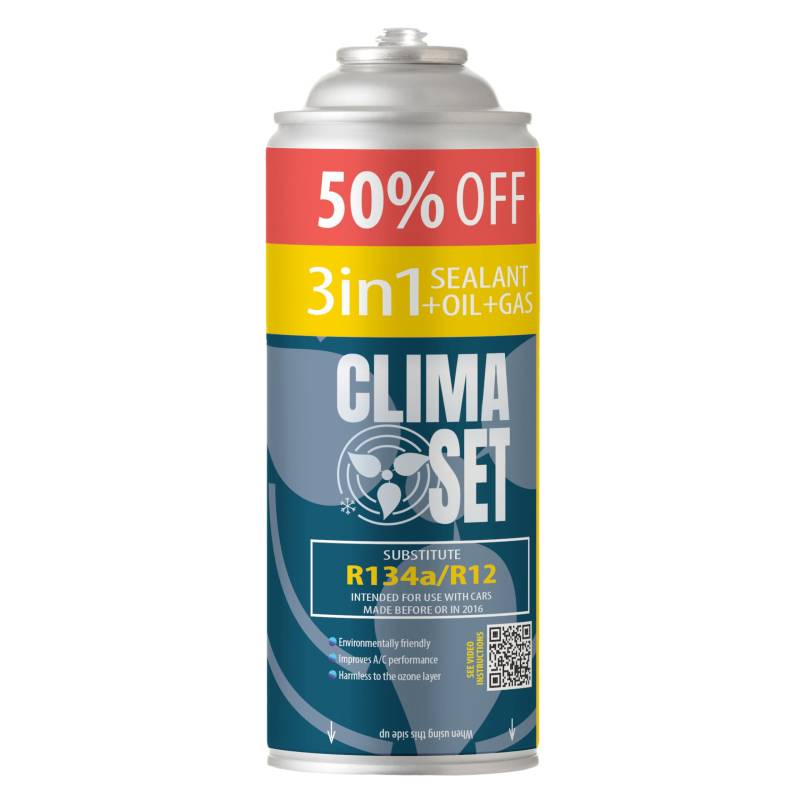 ClimaSet 3in1 R134a Kältemittel Ersatzgas - Kühlmittel Klima Auto mit Klima Dichtmittel und Öl - Gasflasche 1x235 g - Auto Klimaanlage Nachfüllset - Klimaanlage Wohnmobil - ECO von Clima Set