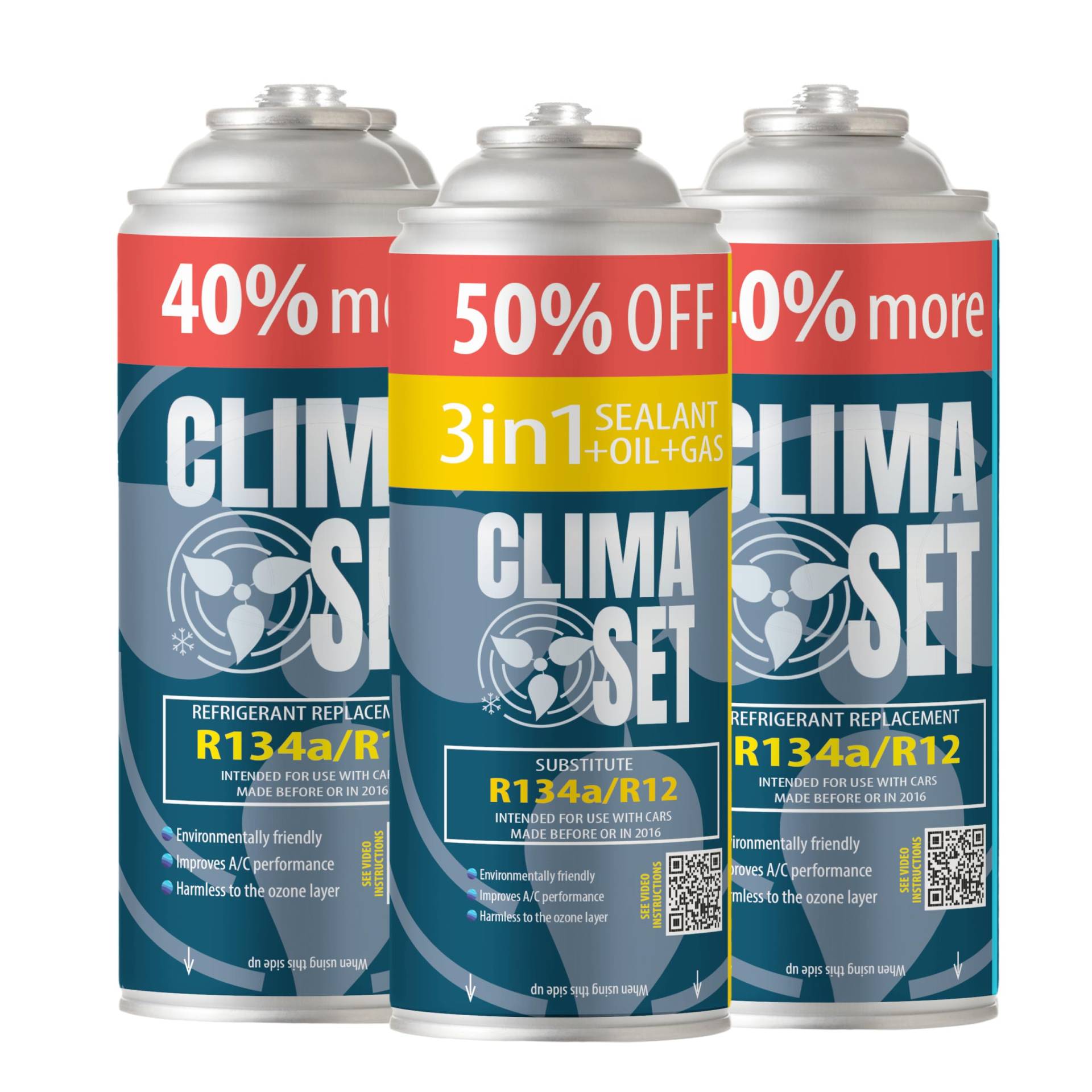 ClimaSet 3in1 R134a Kältemittel Ersatzgas - Kühlmittel Klima Auto mit Klima Dichtmittel und Öl - Gasflasche 3x235 g - Auto Klimaanlage Nachfüllset - Klimaanlage Wohnmobil - ECO von Clima Set