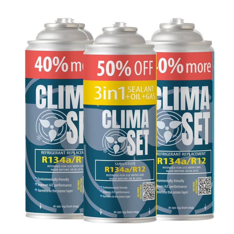 ClimaSet 3in1 R134a Kältemittel Ersatzgas - Kühlmittel Klima Auto mit Klima Dichtmittel und Öl - Gasflasche 3x235 g - Auto Klimaanlage Nachfüllset - Klimaanlage Wohnmobil - ECO von Clima Set