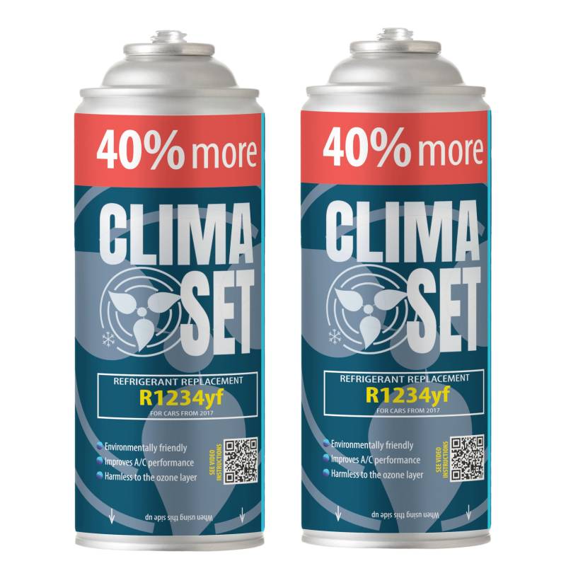 ClimaSet R1234yf Kältemittel Ersatzgas - Kühlmittel Klima Auto - Gasflasche 2x235 g - Auto Klimaanlage Nachfüllset - Klimaanlage Wohnmobil - ECO - Klimaanlage Refill Dose von Clima Set