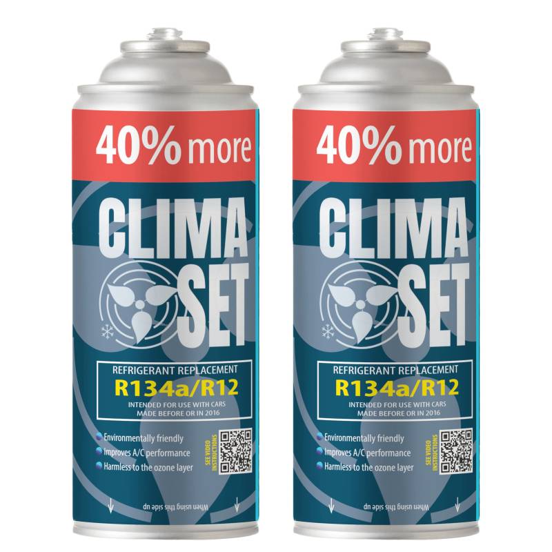 ClimaSet R134a kältemittel Ersatzgas - Kühlmittel Klima Auto - Gasflasche 2x235 g - Auto Klimaanlage Nachfüllset - Klimaanlage Wohnmobil - ECO - Klimaanlage Refill Dose von Clima Set