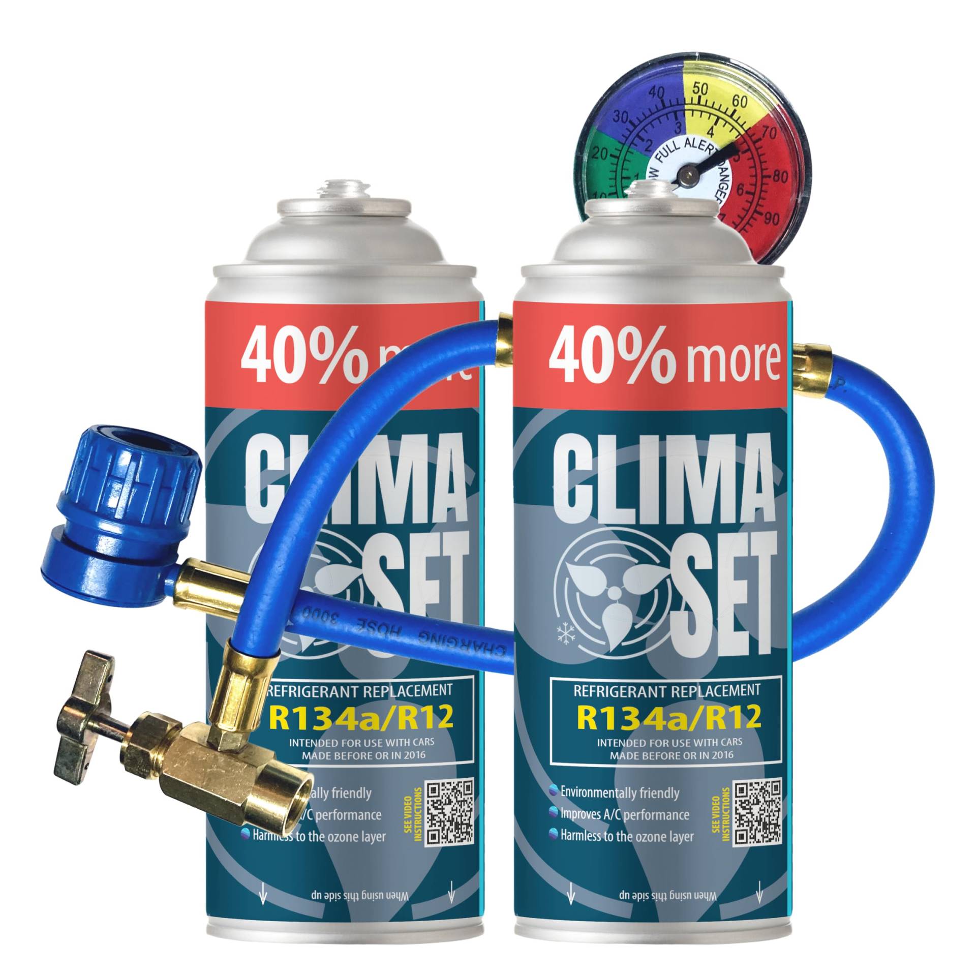 ClimaSet R134a kältemittel Ersatzgas - Kühlmittel Klima Auto - Gasflasche 2x235 g Auto Klimaanlage Nachfüllset - Wohnmobil - Klimaanlage schlauch - Manometer Klimaanlage - ECO von Clima Set