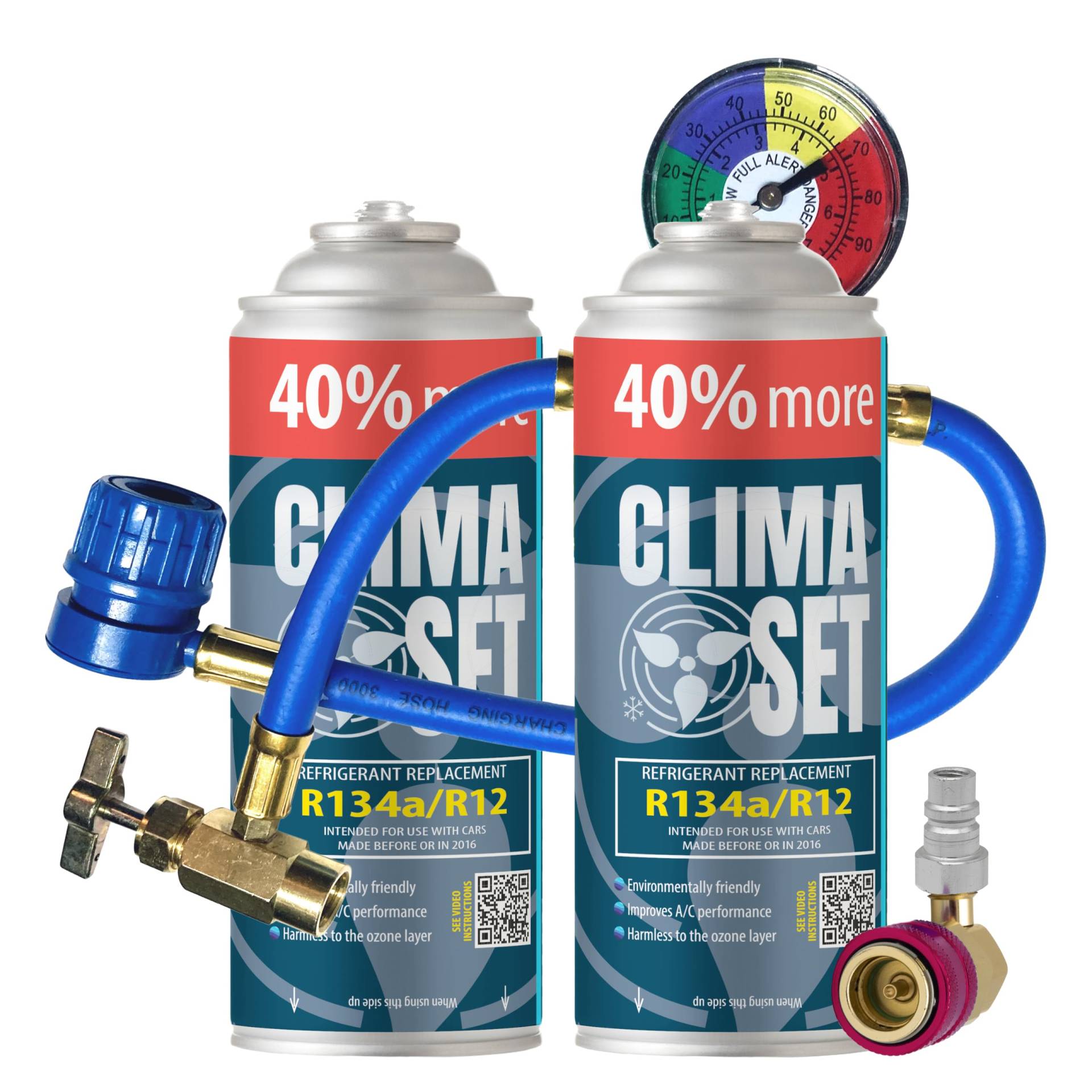 ClimaSet R134a kältemittel Ersatzgas - Kühlmittel Klima Auto - Gasflasche 2x235 g Auto Klimaanlage Nachfüllset - Wohnmobil - Klimaanlage schlauch - Manometer Klimaanlage - ECO von Clima Set