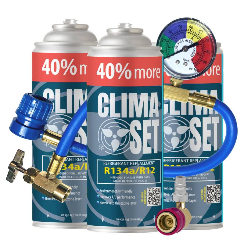 ClimaSet R134a kältemittel Ersatzgas - Kühlmittel Klima Auto - Gasflasche 3x235 g Auto Klimaanlage Nachfüllset - Wohnmobil - Klimaanlage schlauch - Manometer Klimaanlage - ECO von Clima Set