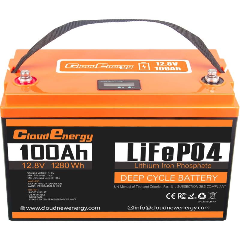 Cloudenergy 12,8V 100Ah LiFePO4 Lithium-Batterie, 1280Wh mit 100A BMS. 6000+ Zyklen, Serie/Parallelschaltung unterstützt. Ideal für Wohnmobile, Boote, Camping von Cloudenergy