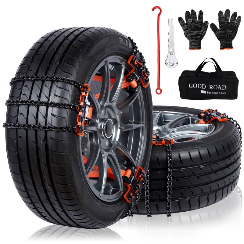 Cnornus Schneeketten Universal 205-225mm 6 Stück Einstellbare Schneeketten für Auto 205 55 R16 Reifen Winter Auto Zubehör mit Handschuhe, Klein Haken,Tragetasche von Cnornus