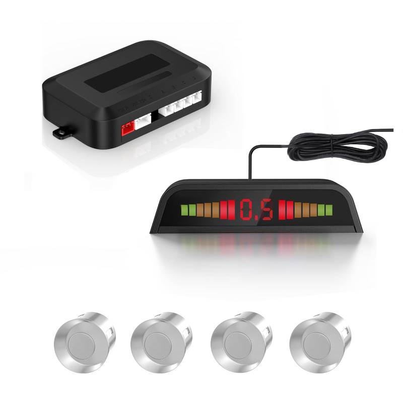 Car Parking Sensors, Compact Screen Distance Display with Sound Warning + 4 Silver Reversing Sensors for Car Auto Vans RV Trailer von Cocar