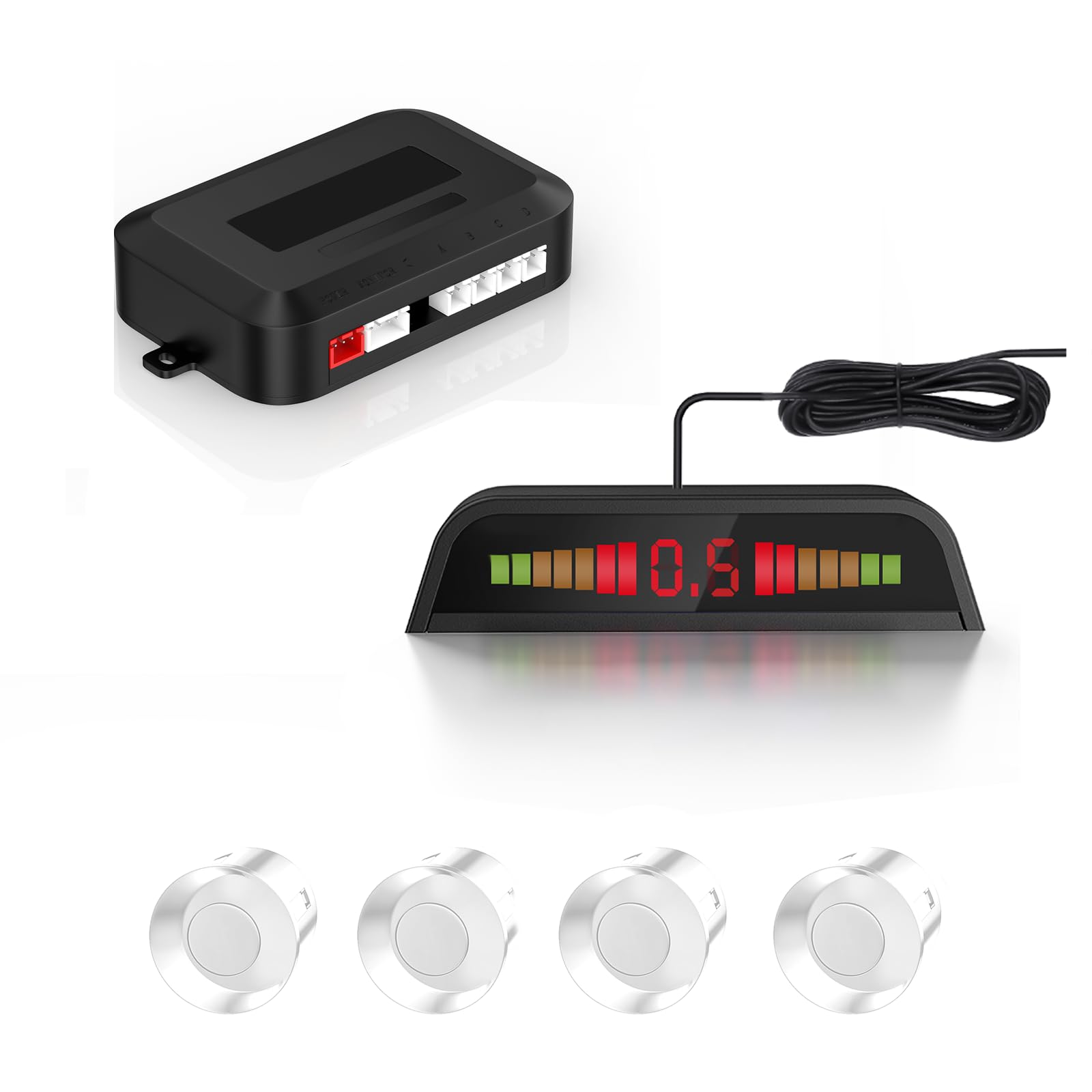 Car Parking Sensors, Compact Screen Distance Display with Sound Warning + 4 White Reversing Sensors for Car Auto Vans RV Trailer von Cocar