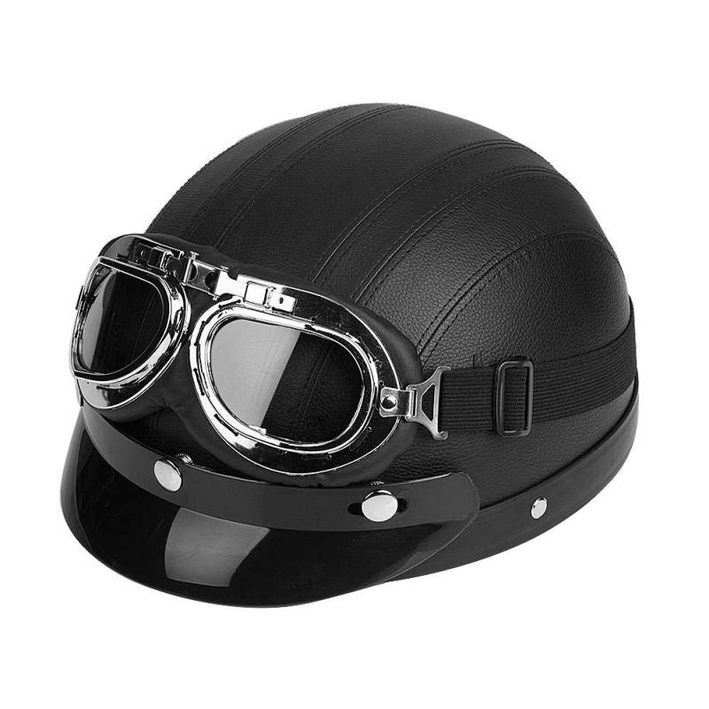 Oldtimer Motorradhelm mit Fliegerbrille Wehrmachtshelm Schwarz matt, passend für Kopfumfang: 54-60cm, Universal-Motorrad-Roller von Cocoarm