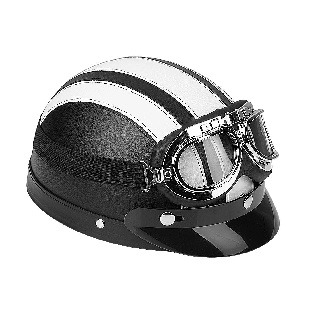 Universal-Motorrad-Roller aus Kunstleder mit offenem Gesicht, Motorrad Roller Open Face halbes Leder-Helm mit Visier UVschutzbrille(Weiß) von Cocoarm