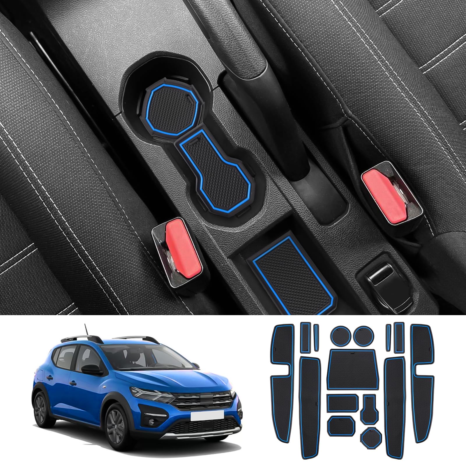 Coleya Antirutschmatten Kompatibel mit Dacia Jogger 2021-2024, Mittelkonsole Gummimatten Türnaht Matten Getränkehalter Matte, Dacia Jogger Zubehör Gummi rutschfeste Matten (Blau) von Coleya