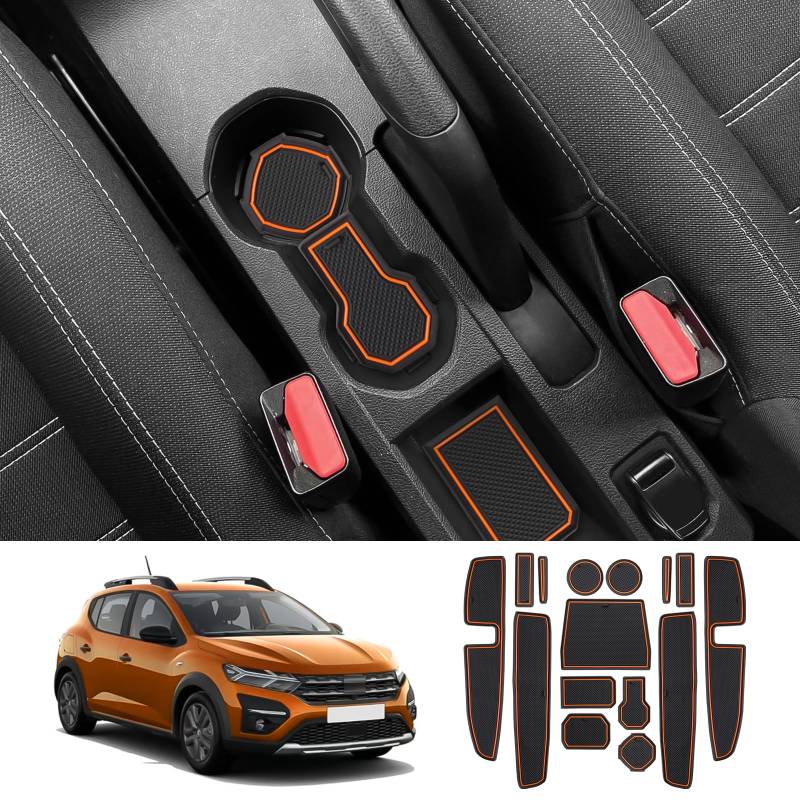 Coleya Antirutschmatten Kompatibel mit Dacia Jogger 2021-2024, Mittelkonsole Gummimatten Türnaht Matten Getränkehalter Matte, Dacia Jogger Zubehör Gummi rutschfeste Matten (Orange) von Coleya