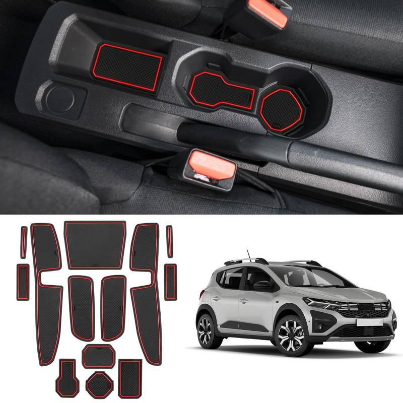 Coleya Antirutschmatten Kompatibel mit Dacia Sandero 3 Sandero Stepway 3 2021-2024, Mittelkonsole Gummimatten Türnaht Matten Getränkehalter Matte, Dacia Sandero Gummi rutschfeste Matten (Rot) von Coleya