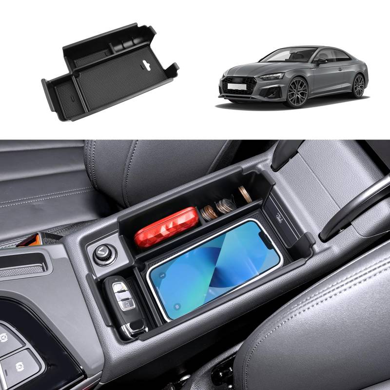 Coleya Mittelkonsole Aufbewahrungsbox Kompatibel mit Audi A4 B9/Audi A5 F5 2017-2024, Audi A4 Zubehör Armlehne Organizer, Audi A5 Mittelarmlehne Handschuhfach Mit Rutschfestermatte (Schwarz) von Coleya