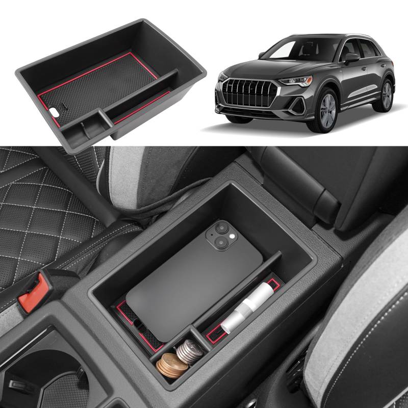 Coleya Mittelkonsole Aufbewahrungsbox Kompatibel mit Audi Q3 F3 2019-2024, Audi Q3 Zubehör Armlehne Organizer, Audi Q3 F3 Mittelarmlehne Handschuhfach Mit Rutschfestermatte (Rot) von Coleya