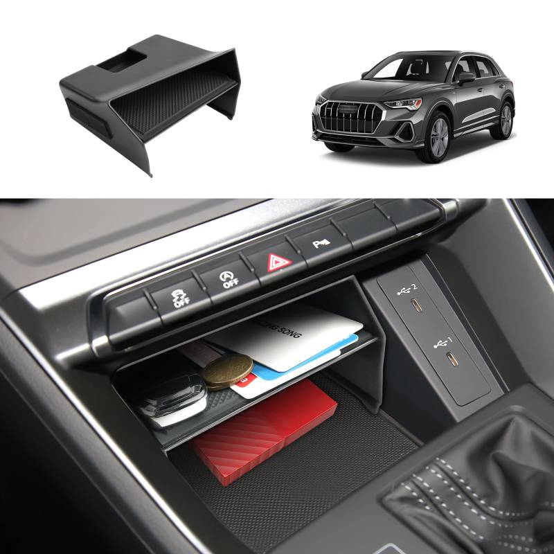 Coleya Mittelkonsole Aufbewahrungsbox Kompatibel mit Audi Q3 F3 2019-2024, Audi Q3 Zubehör Mittelarmlehne Handschuhfach, Audi Q3 F3 Armlehne Organizer Mit Rutschfestermatte (Schwarz) von Coleya