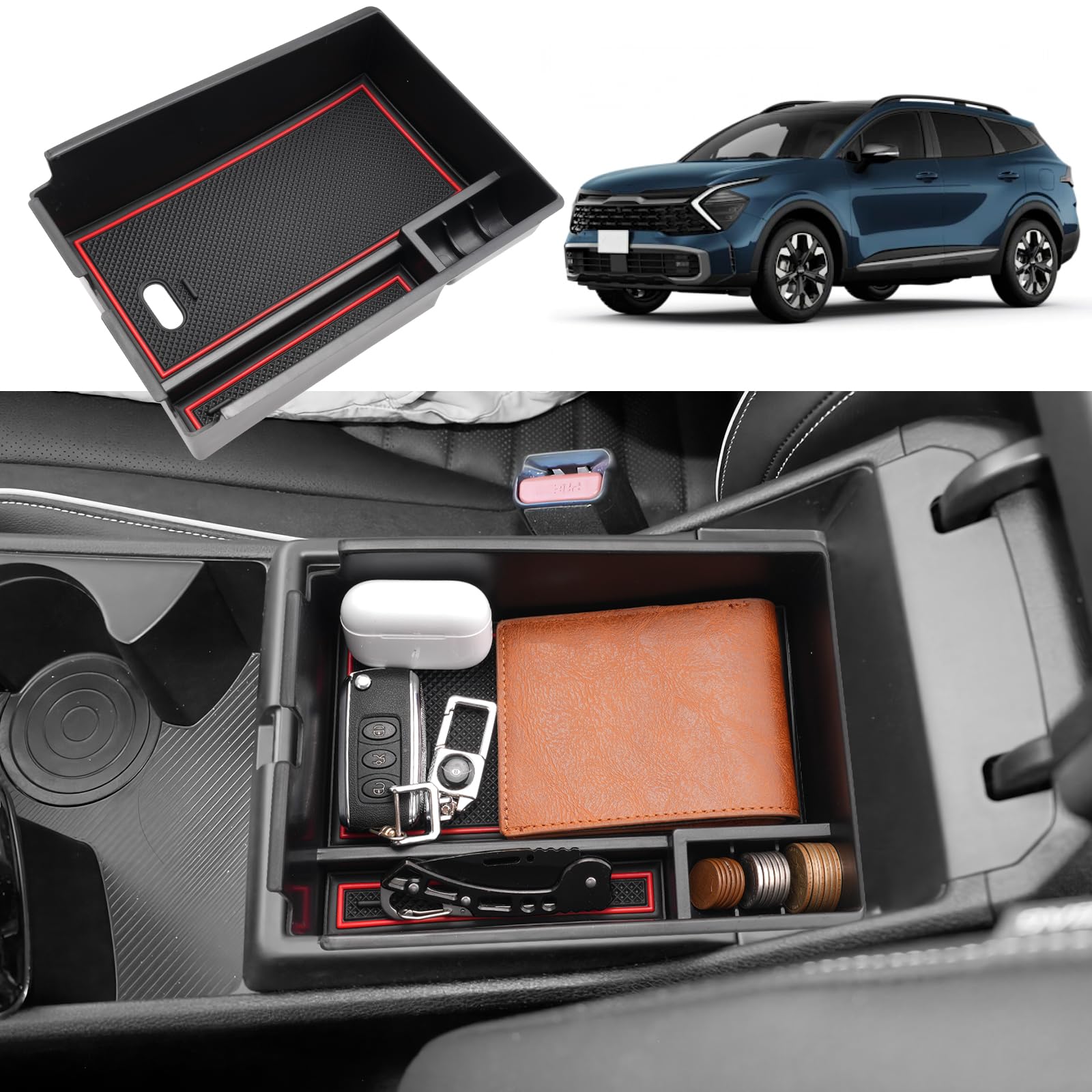 Coleya Mittelkonsole Aufbewahrungsbox Kompatibel mit Kia Sportage NQ5 2022 2023 2024 (AT), Sportage NQ5 Zubehör Armlehne Organizer, Mittelarmlehne Handschuhfach Mit Rutschfestermatte (Rot) von Coleya