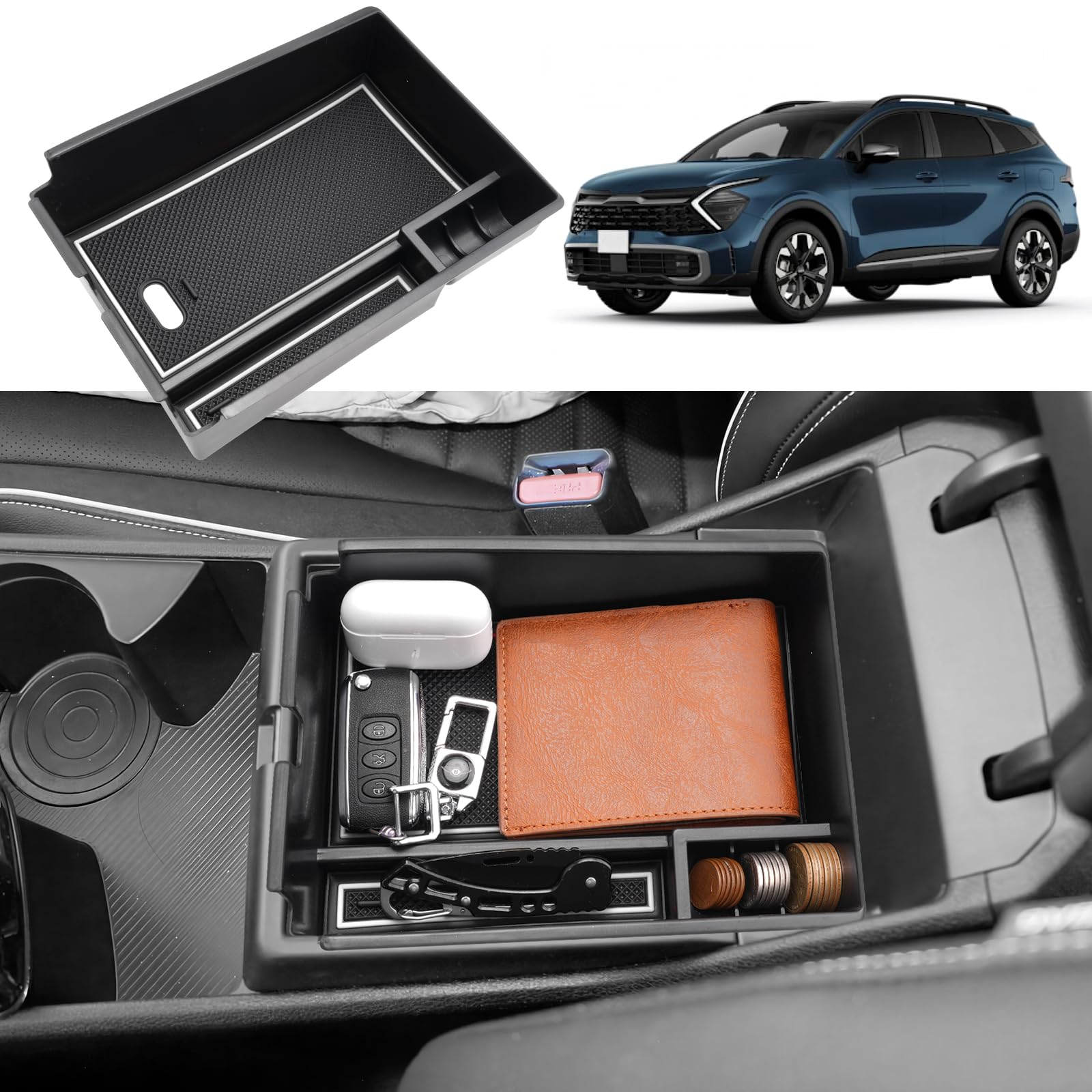 Coleya Mittelkonsole Aufbewahrungsbox Kompatibel mit Kia Sportage NQ5 2022 2023 2024 (AT), Sportage NQ5 Zubehör Armlehne Organizer, Mittelarmlehne Handschuhfach Mit Rutschfestermatte (Weiß) von Coleya