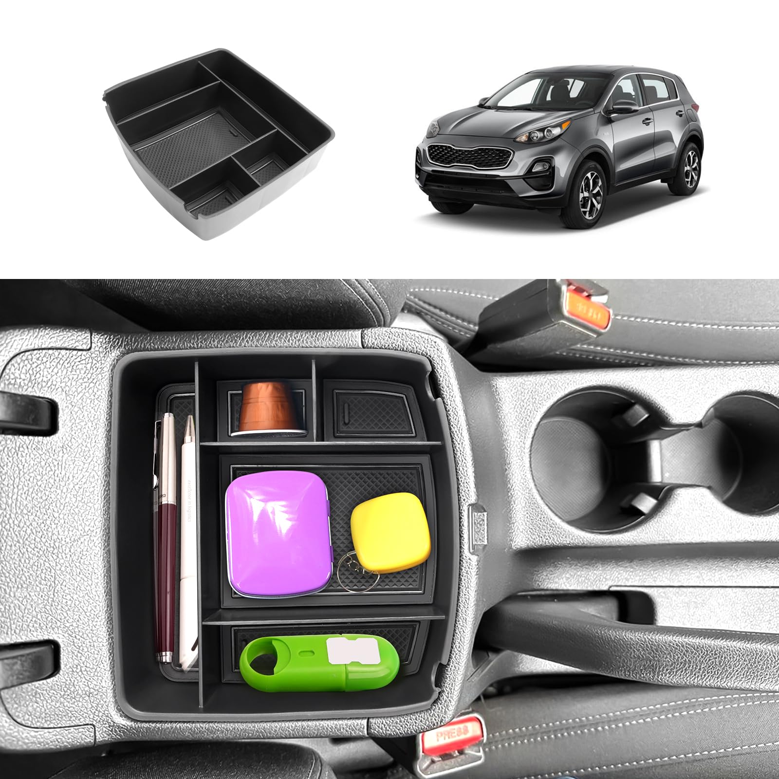 Coleya Mittelkonsole Aufbewahrungsbox Kompatibel mit Kia Sportage QL 2016-2021 (MT), Kia Sportage QL Zubehör Armlehne Organizer, Mittelarmlehne Handschuhfach Mit Rutschfestermatte (Schwarz) von Coleya