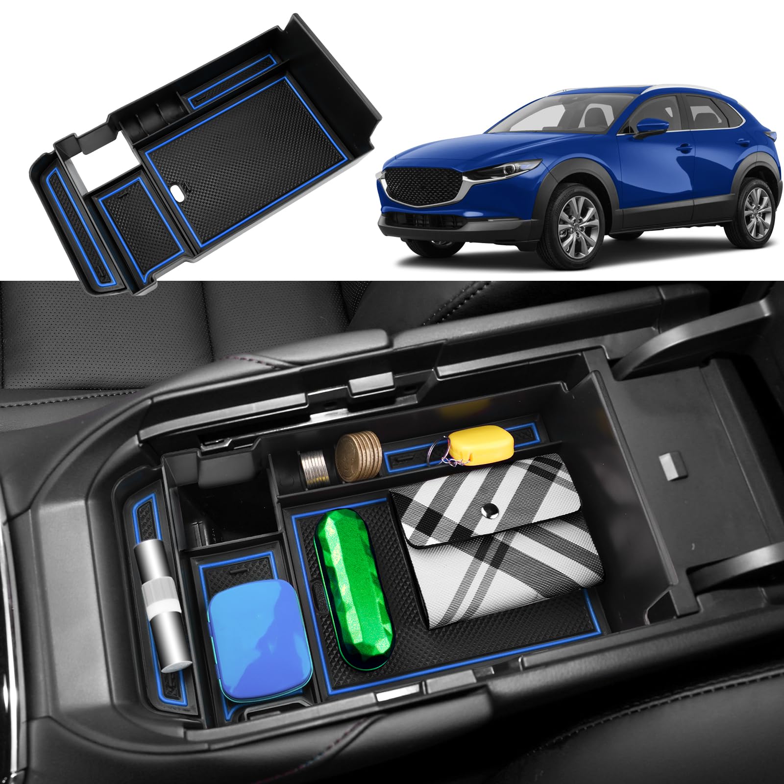 Coleya Mittelkonsole Aufbewahrungsbox Kompatibel mit Mazda CX-30 2019-2024, Mazda CX 30 Zubehör Armlehne Organizer, CX-30 Mittelarmlehne Handschuhfach Mit Rutschfestermatte (Blau) von Coleya