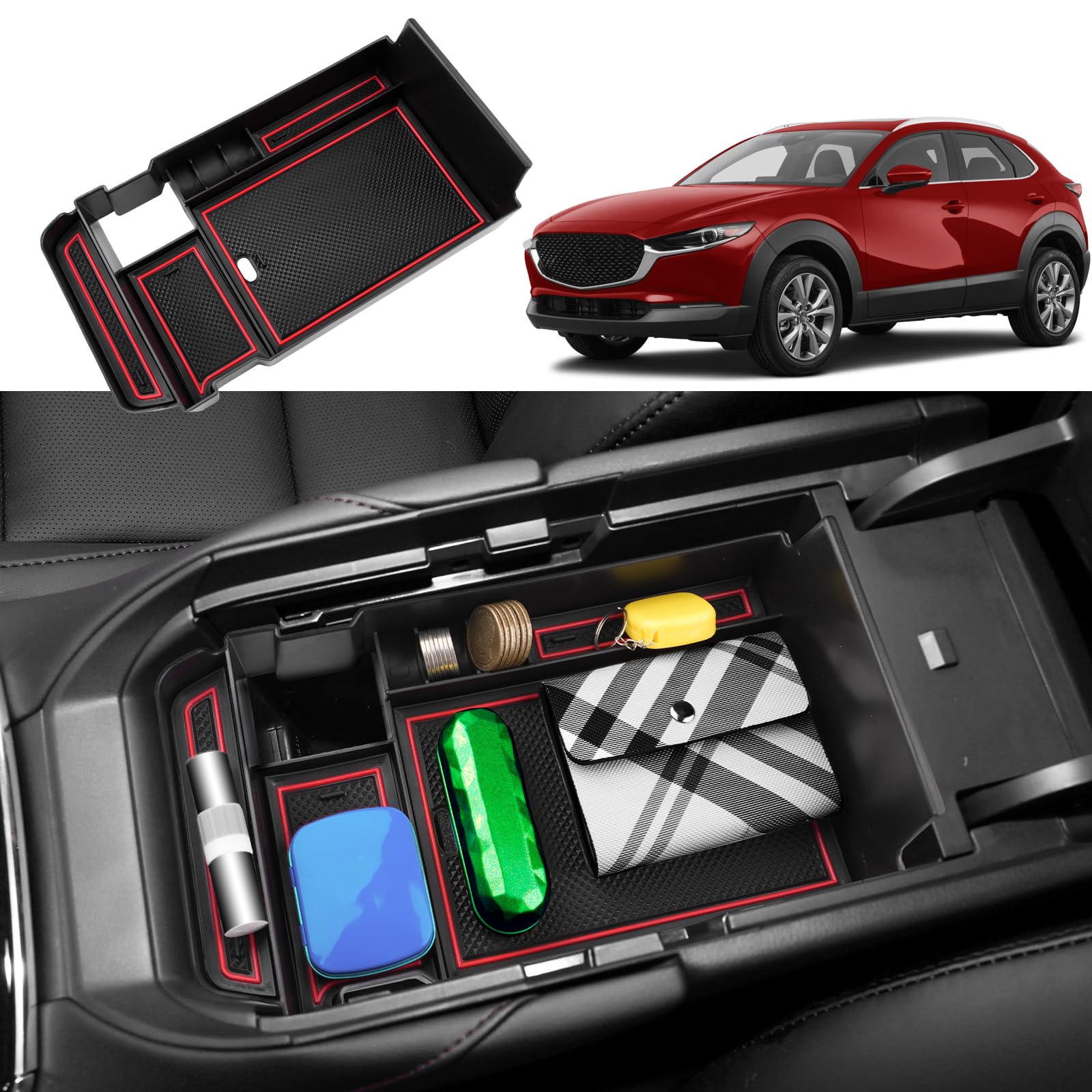 Coleya Mittelkonsole Aufbewahrungsbox Kompatibel mit Mazda CX-30 2019-2024, Mazda CX 30 Zubehör Armlehne Organizer, CX-30 Mittelarmlehne Handschuhfach Mit Rutschfestermatte (Rot) von Coleya